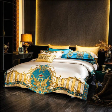 Gold Blue Crown Baroque Luxury Embraided Duvet Cover Set, Cotton Satin Fabric 1000TC Bedding Set